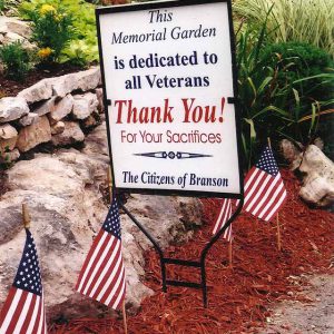 Dedication sign in Veterans Memorial Garden in Branson, MO.